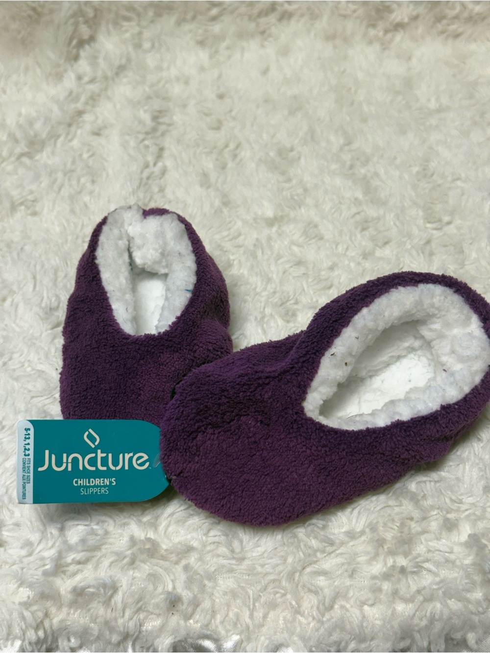 NWT Juncture Kids Purple Fuzzy Slippers Sherpa Lined Non-Slip Size 5-13
